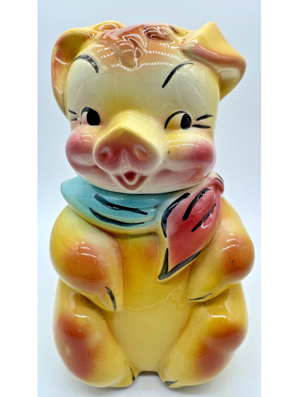 Vintage 1940s Shawnee Pottery Smiley Pig Cookie Jar Blue Scarf USA
